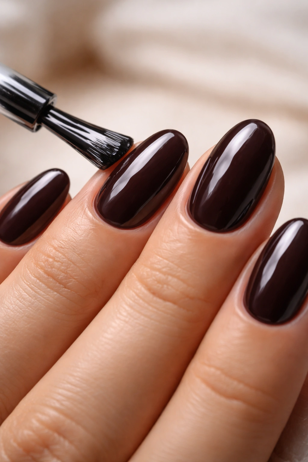 Close-up of neat short almond nails with glossy top coat and healthy cuticles