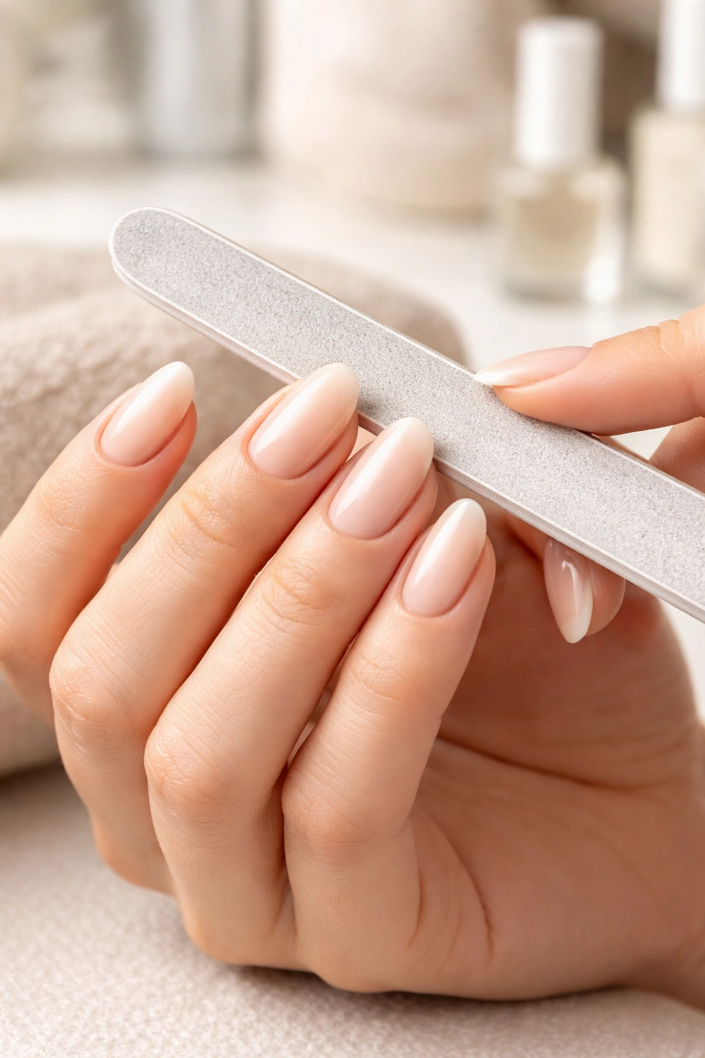 Close-up of filing nails to maintain short almond shape.