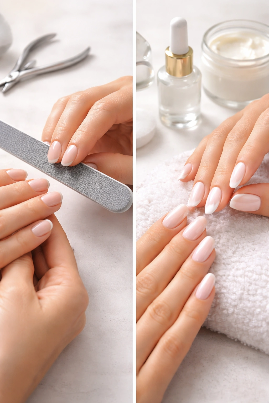 Hands performing nail maintenance with file and lotion