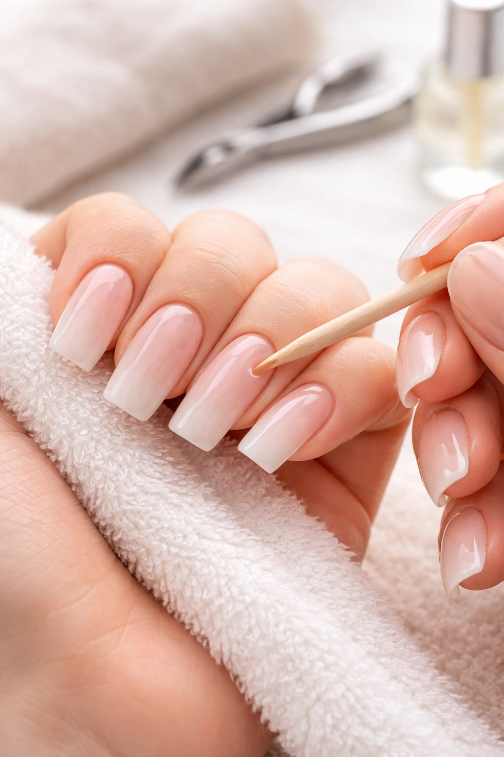 Hands with long squoval acrylic nails during routine care