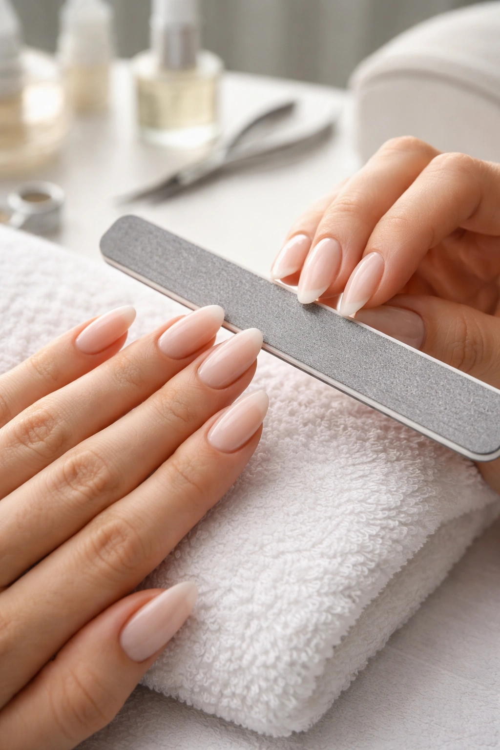 Hands with nails being filed for maintenance.