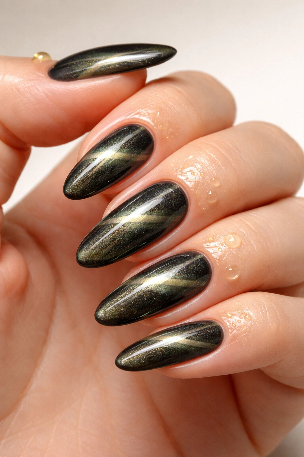 Nails with glossy finish and cuticle oil droplets for longevity