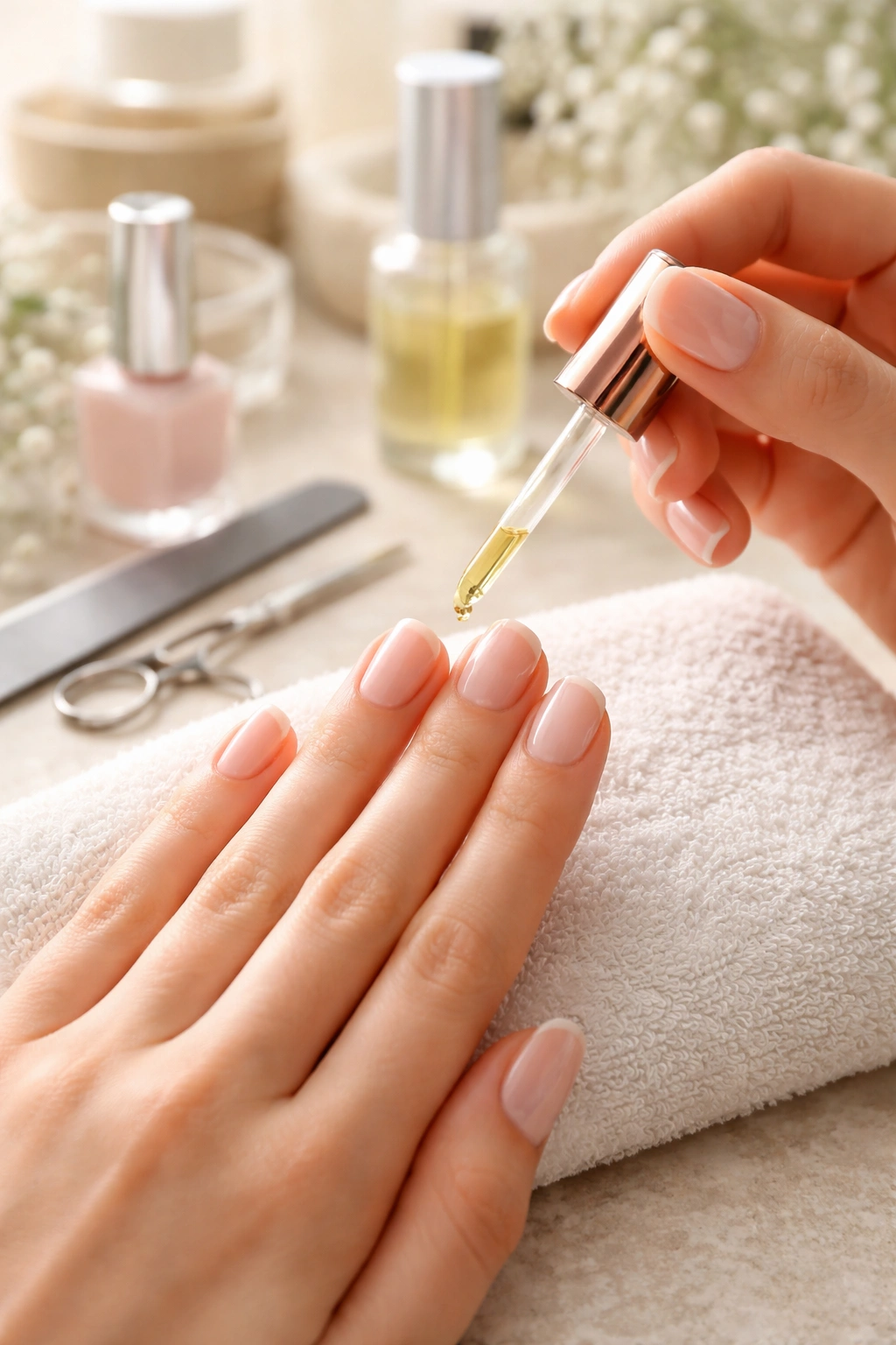 Hand applying cuticle oil to short nails