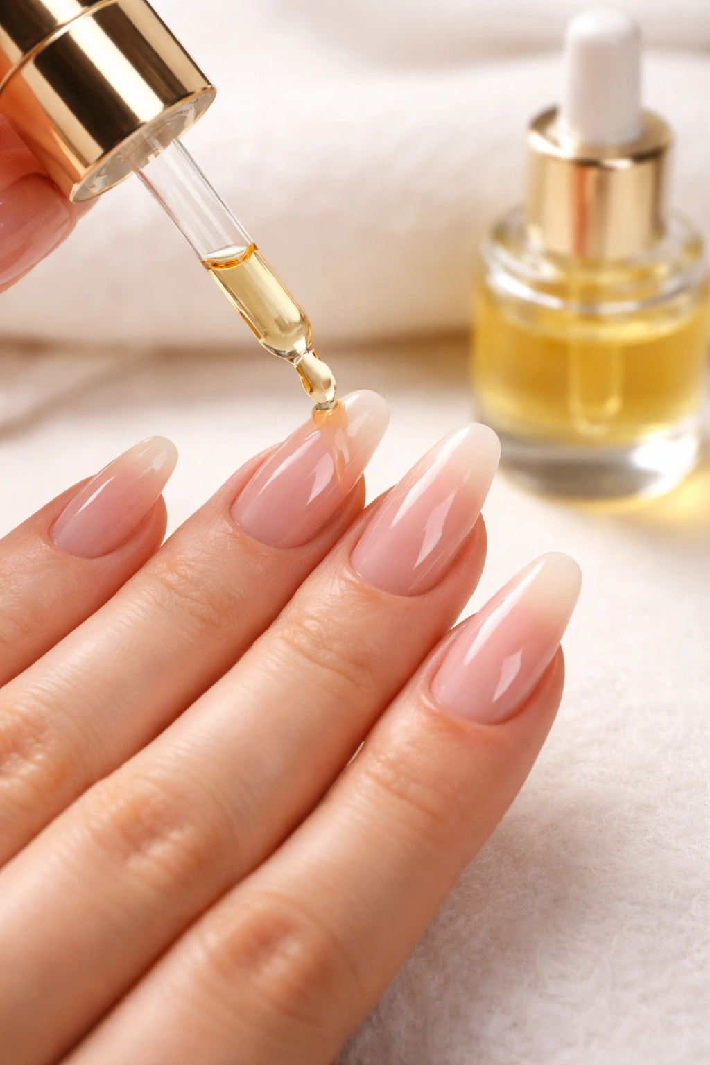 Hand applying cuticle oil to acrylic nails