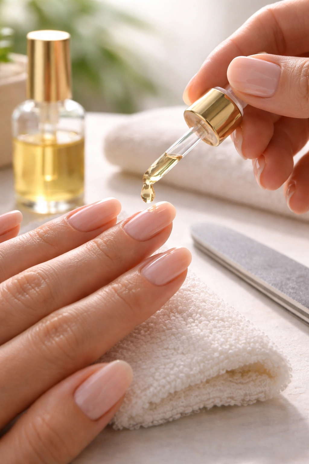 Hands with clean dry nails applying cuticle oil