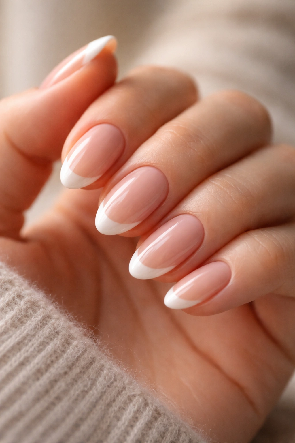 Close-up of glossy, well-maintained short almond French tip nails