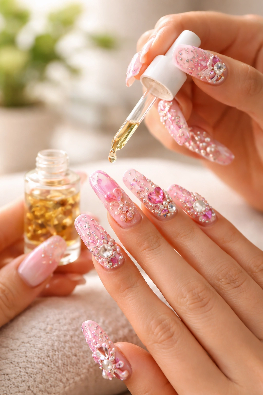 Hands applying cuticle oil to duck nails for maintenance