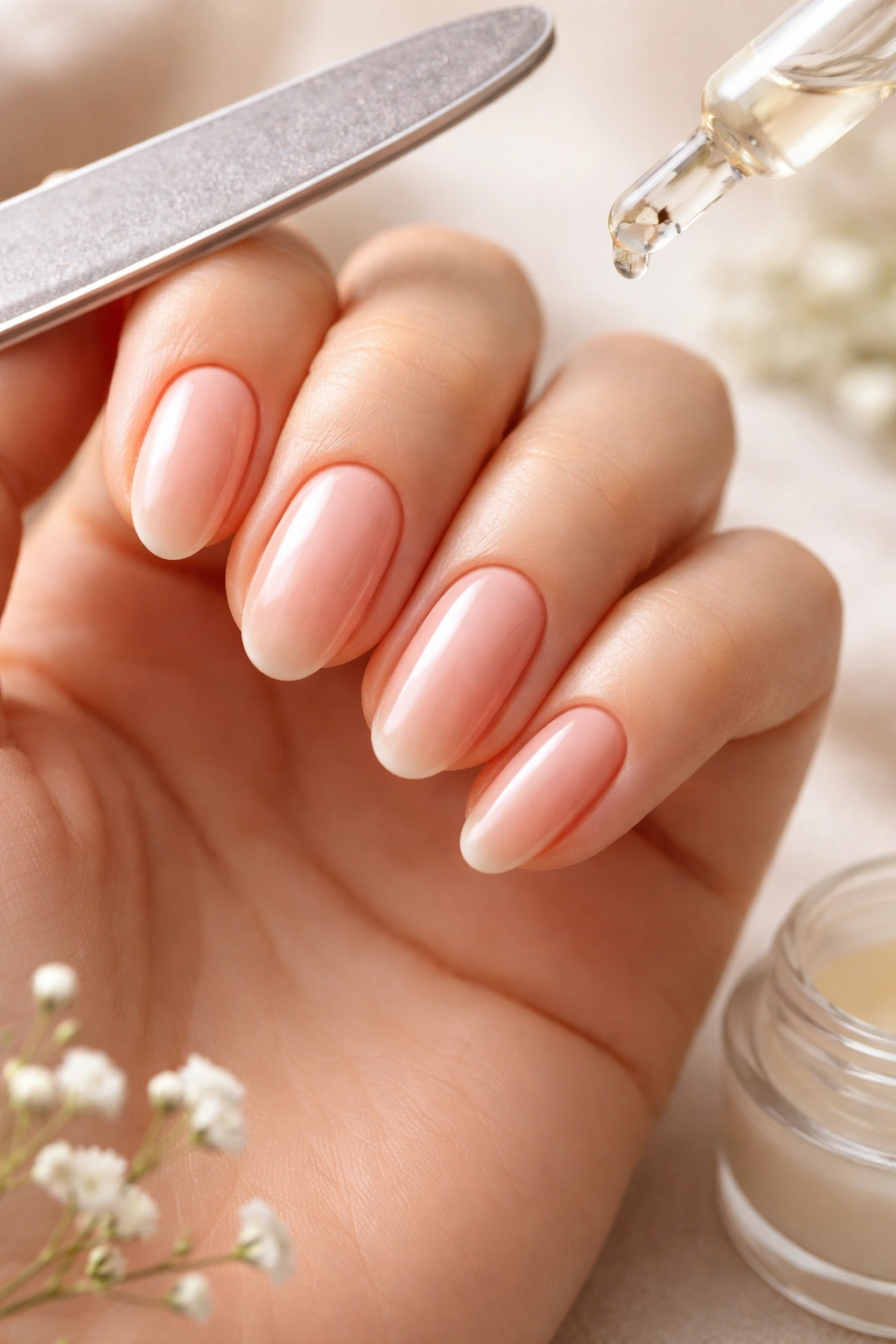 Nails neatly filed into almond shape with subtle shine