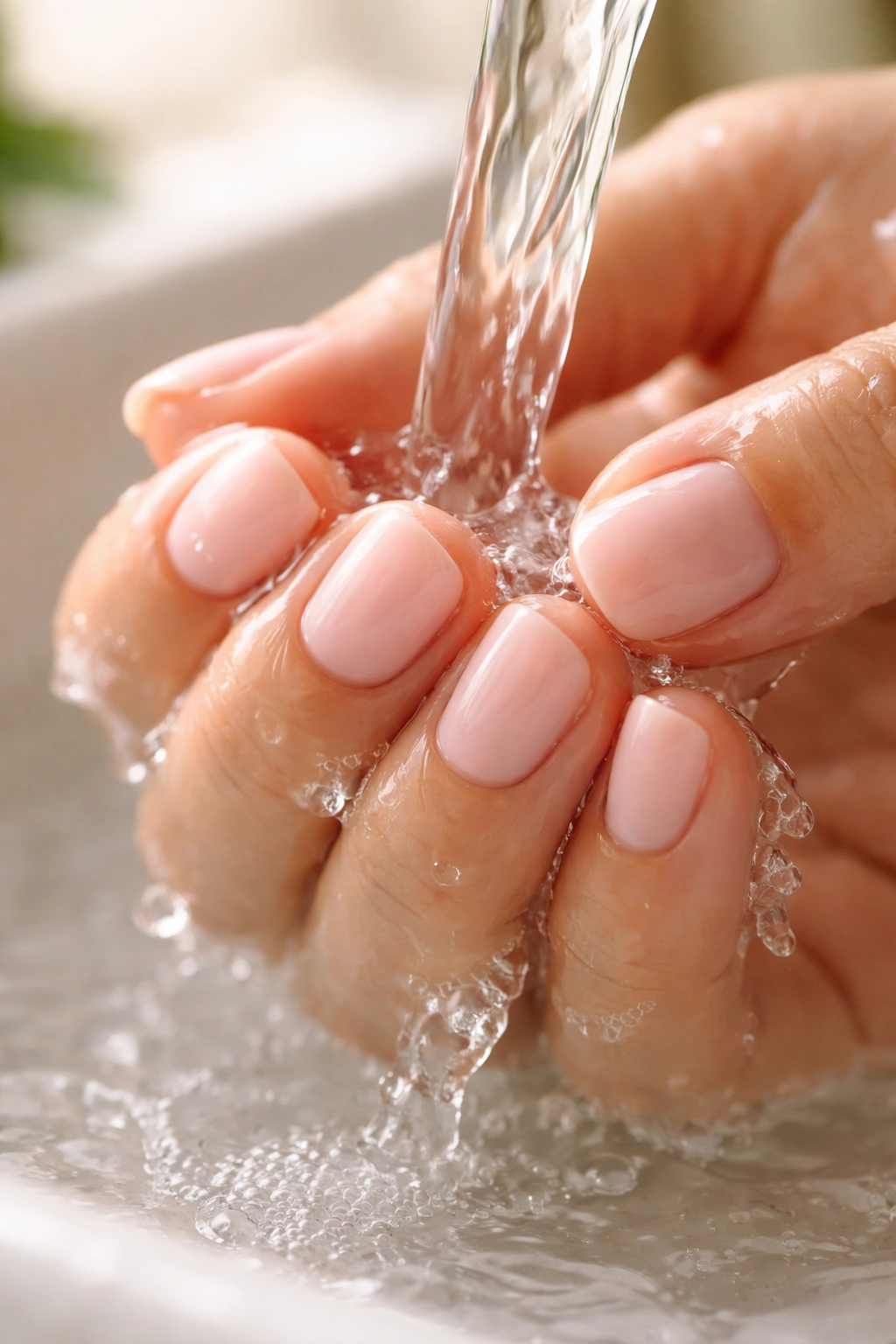 Hand with short nails under running water illustrating between-application maintenance