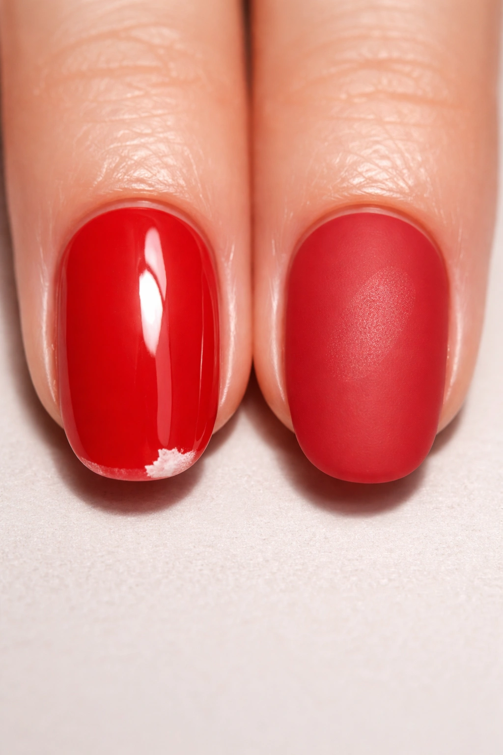 Glossy nail chip and matte fingerprint on nails illustrating maintenance needs