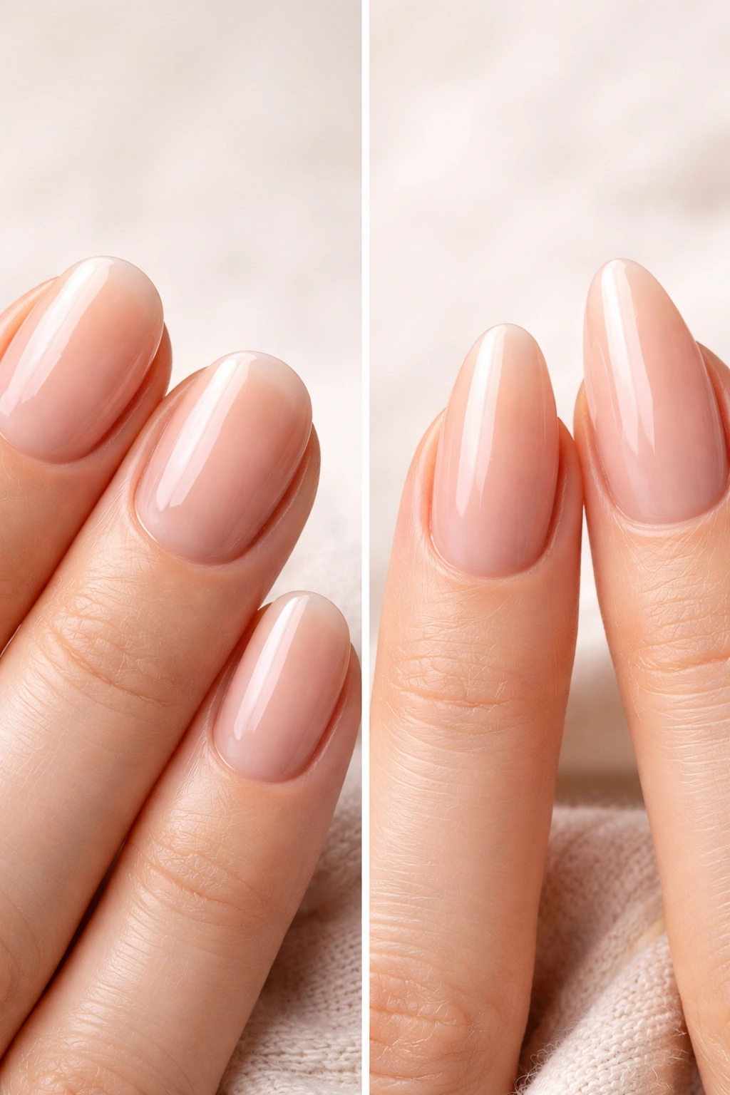 Side-by-side close-ups of round and almond nails showing maintenance differences