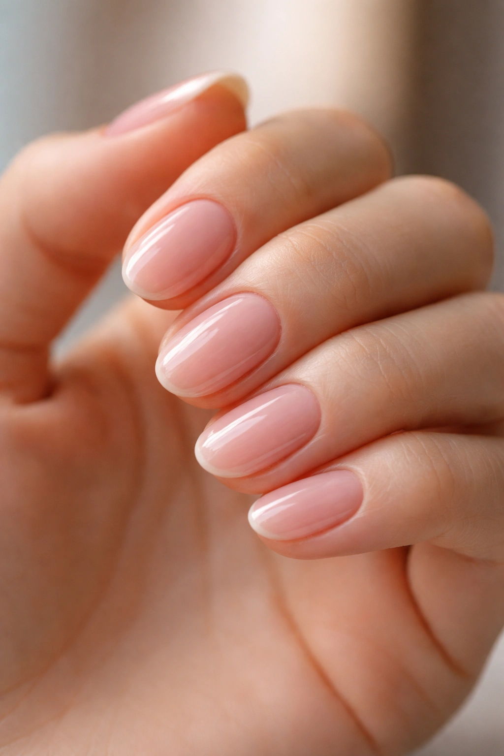 Hand with glossy short oval gel extensions and well-groomed cuticles