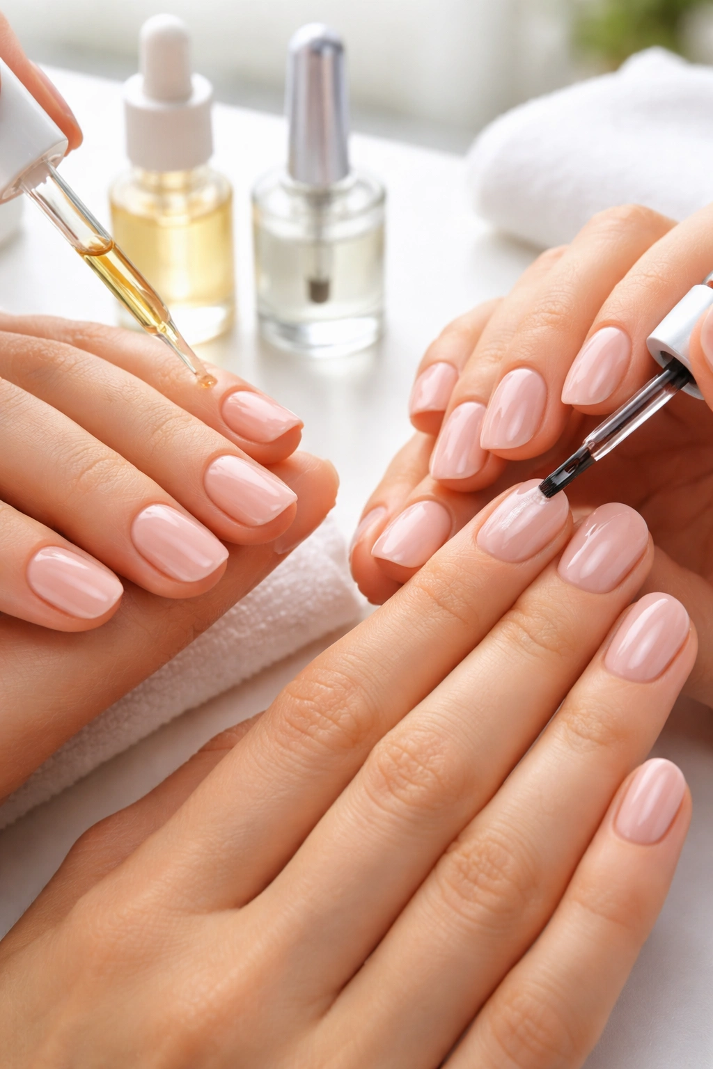 Hands with short nails applying cuticle oil at a clean manicure station