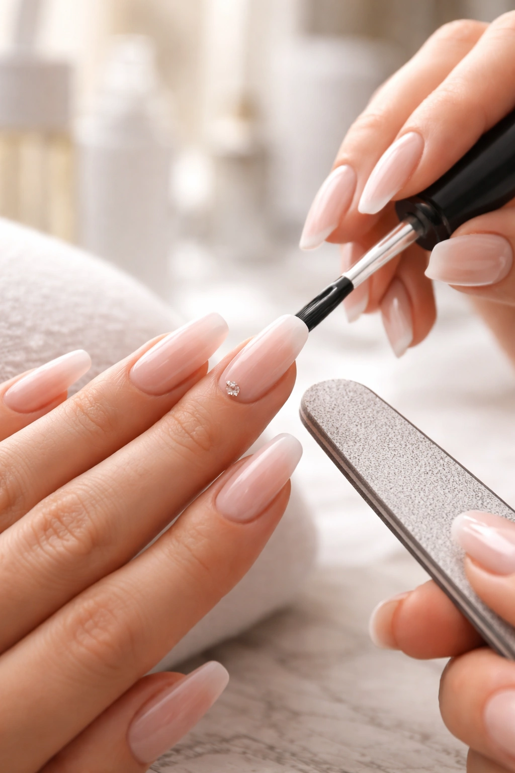 Close-up of hands maintaining ballerina nails with top coat