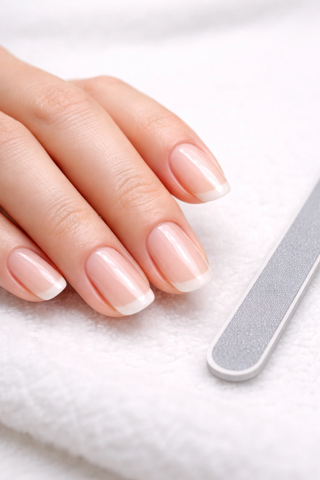 Close-up of neatly trimmed nails with a nail file on a neutral background