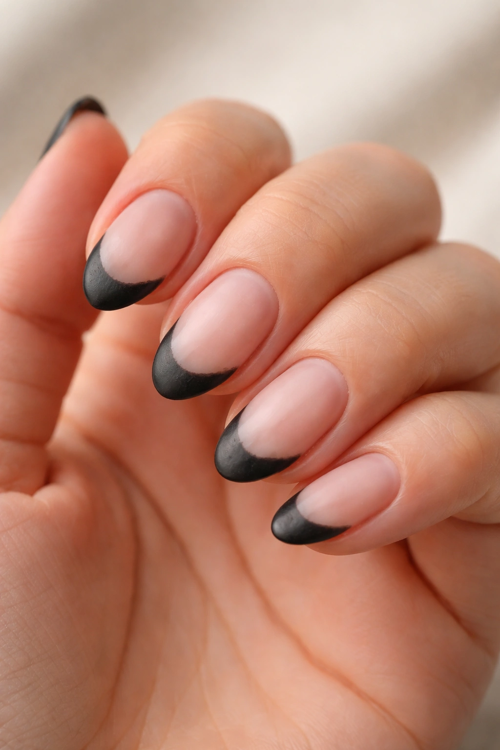 Nails showing growth at base and wear after weeks on short almond nails