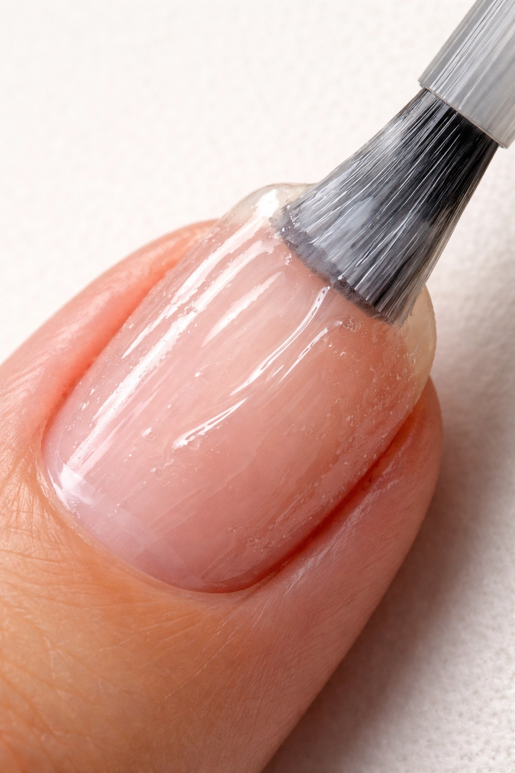 Close-up of a nail with thick, uneven strengthener application