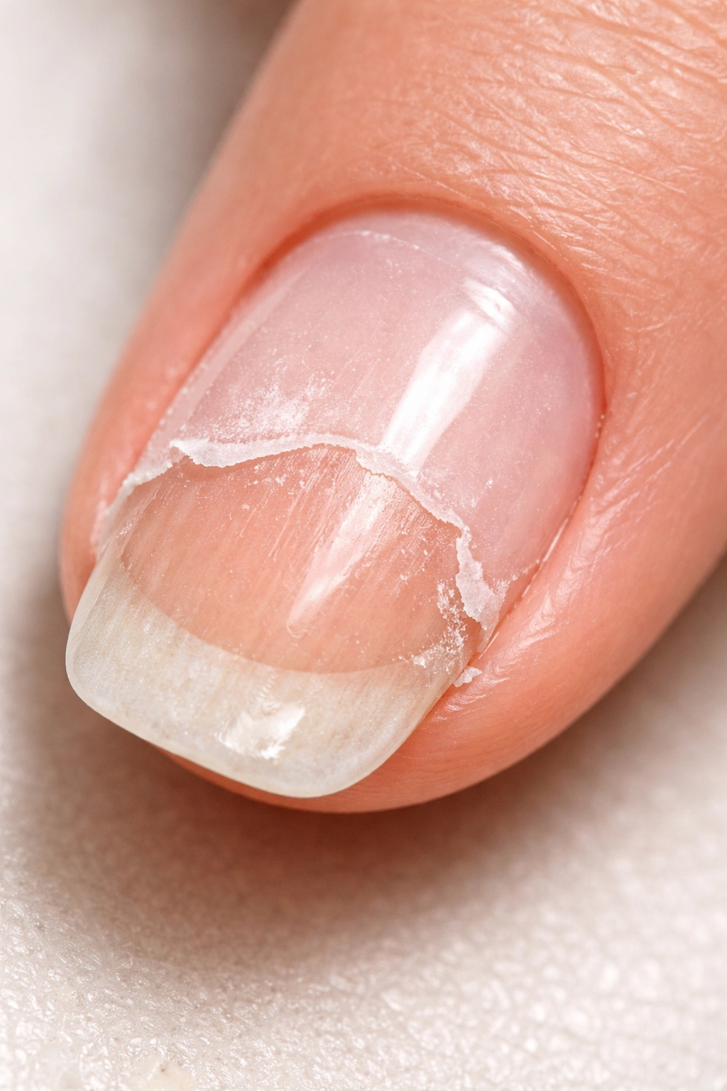 Damaged nail edge showing peeling from improper removal