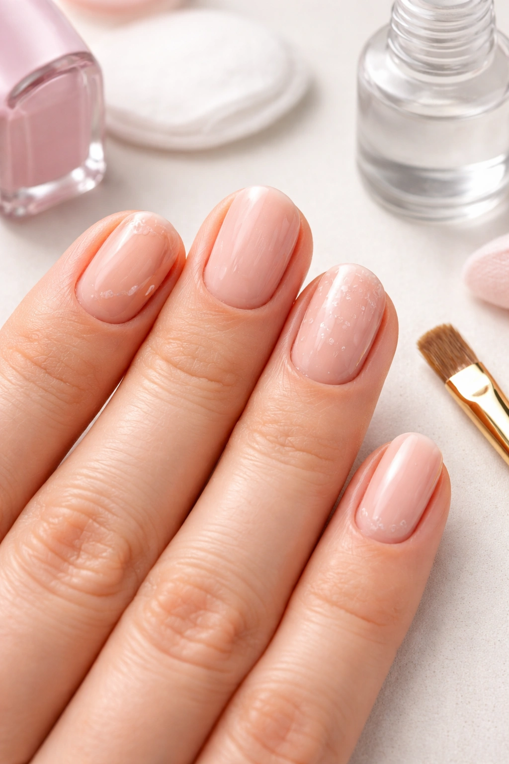 Close-up of a hand's nails showing common manicure mistakes and corrective tools nearby