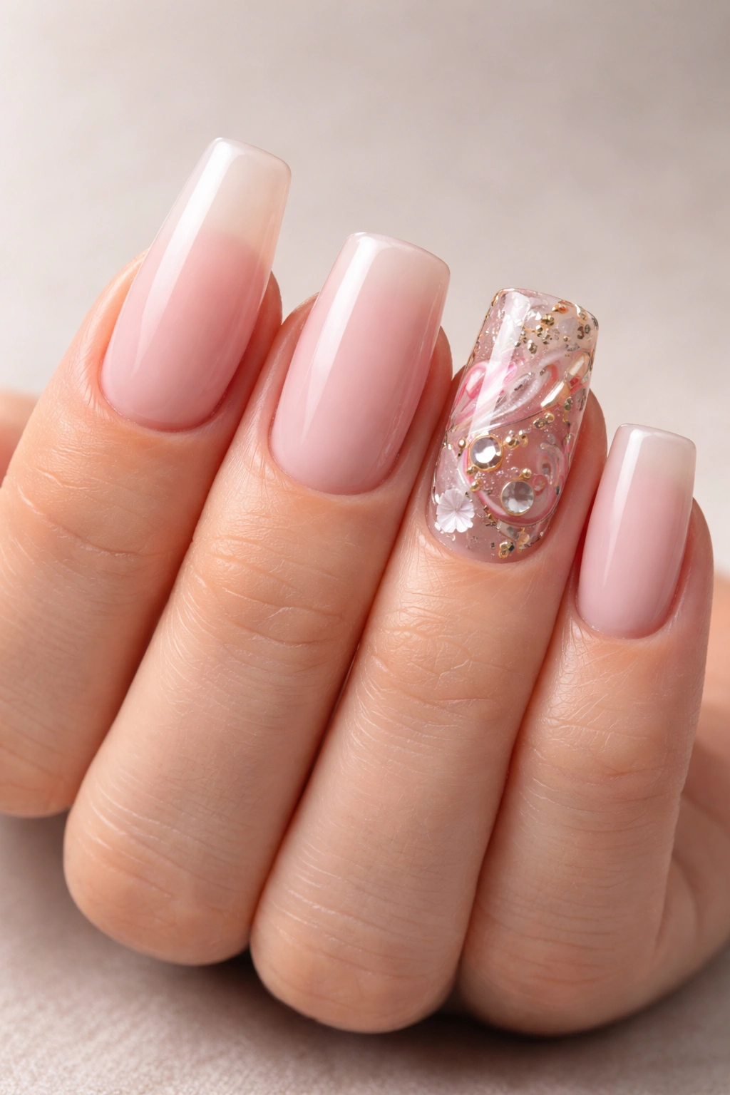 Close-up of nails showing common mistakes: long nail, wide shapes, busy designs