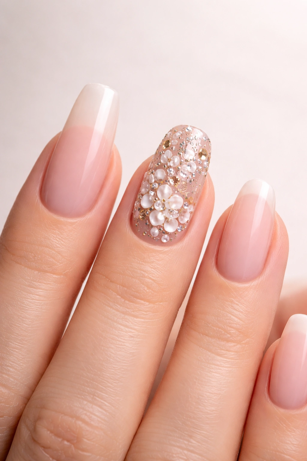 Close-up of a hand showing nail mistakes for small hands: long nail, ornate design, awkward shape