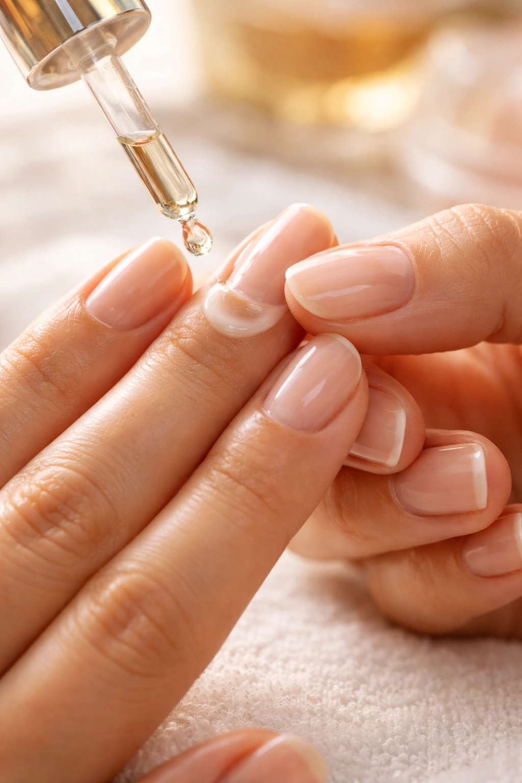 Close-up of a hand applying moisturizer to nails and cuticles