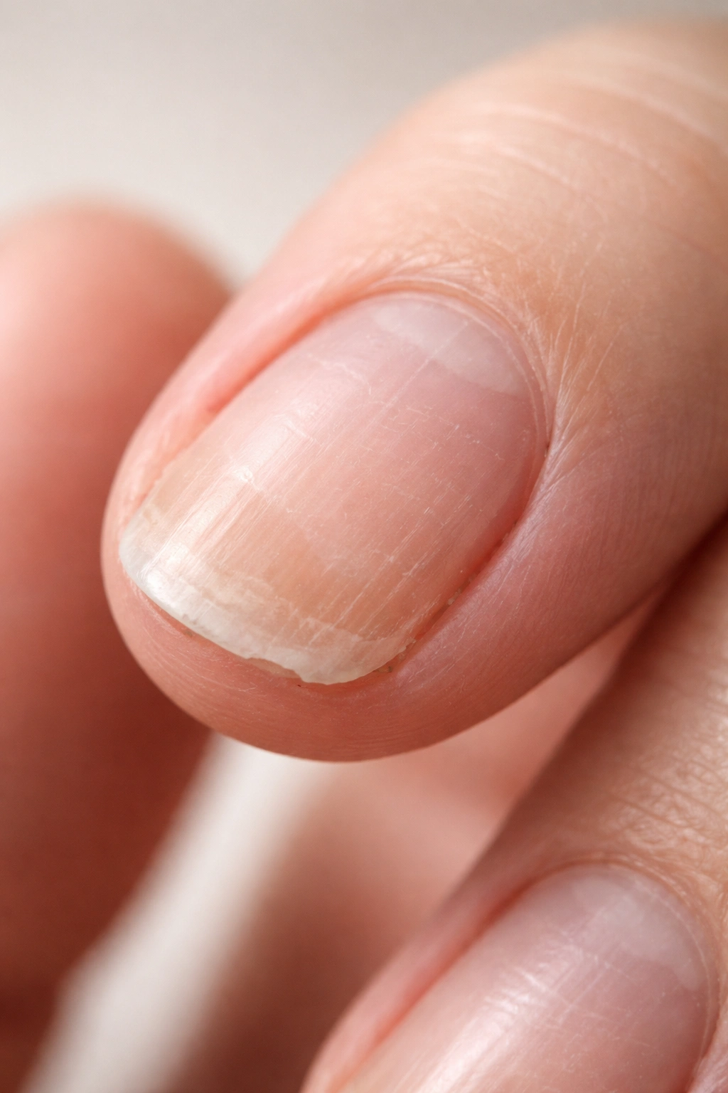Fingernail with dull translucent surface suggesting nutrient deficiency
