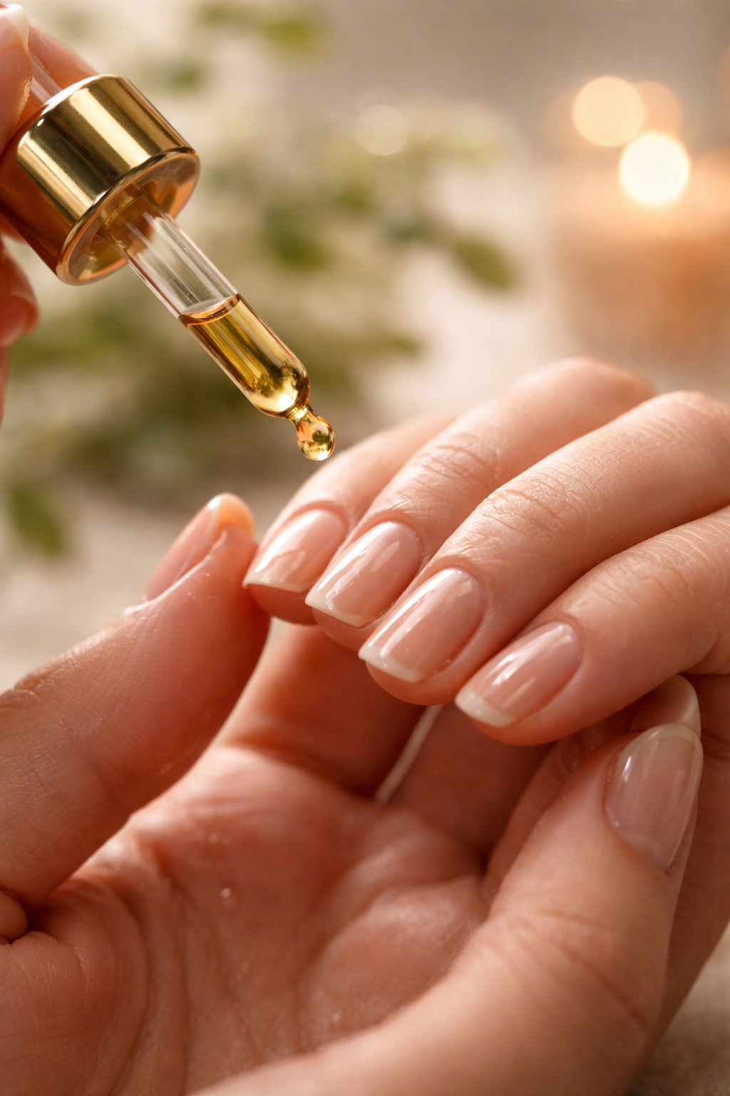 Close-up of hands applying oil to nails and cuticles for nourishment
