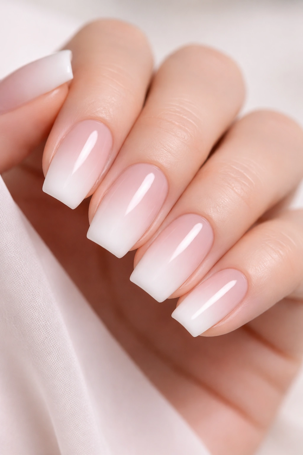 Close-up of nails with a soft French ombre gradient to sheer white