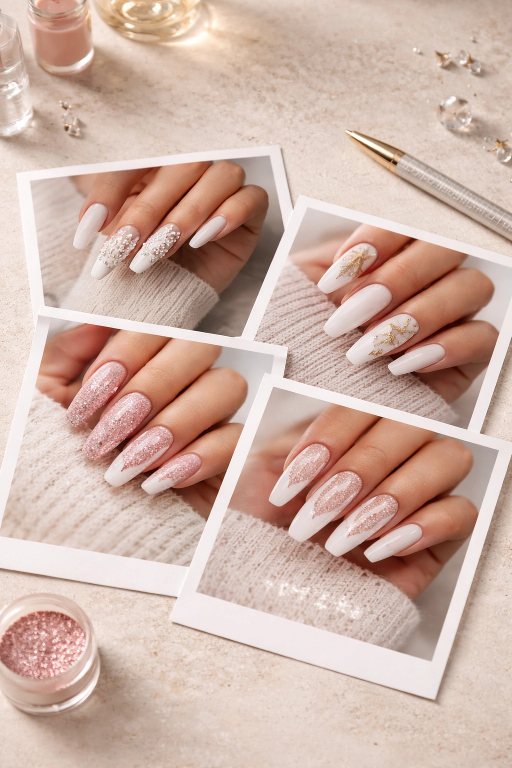 Flat lay of manicure photos arranged on a clean surface illustrating what to bring to an appointment