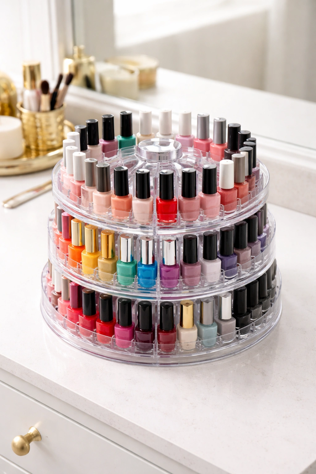 Acrylic rotating nail polish carousel with bottles around the axis