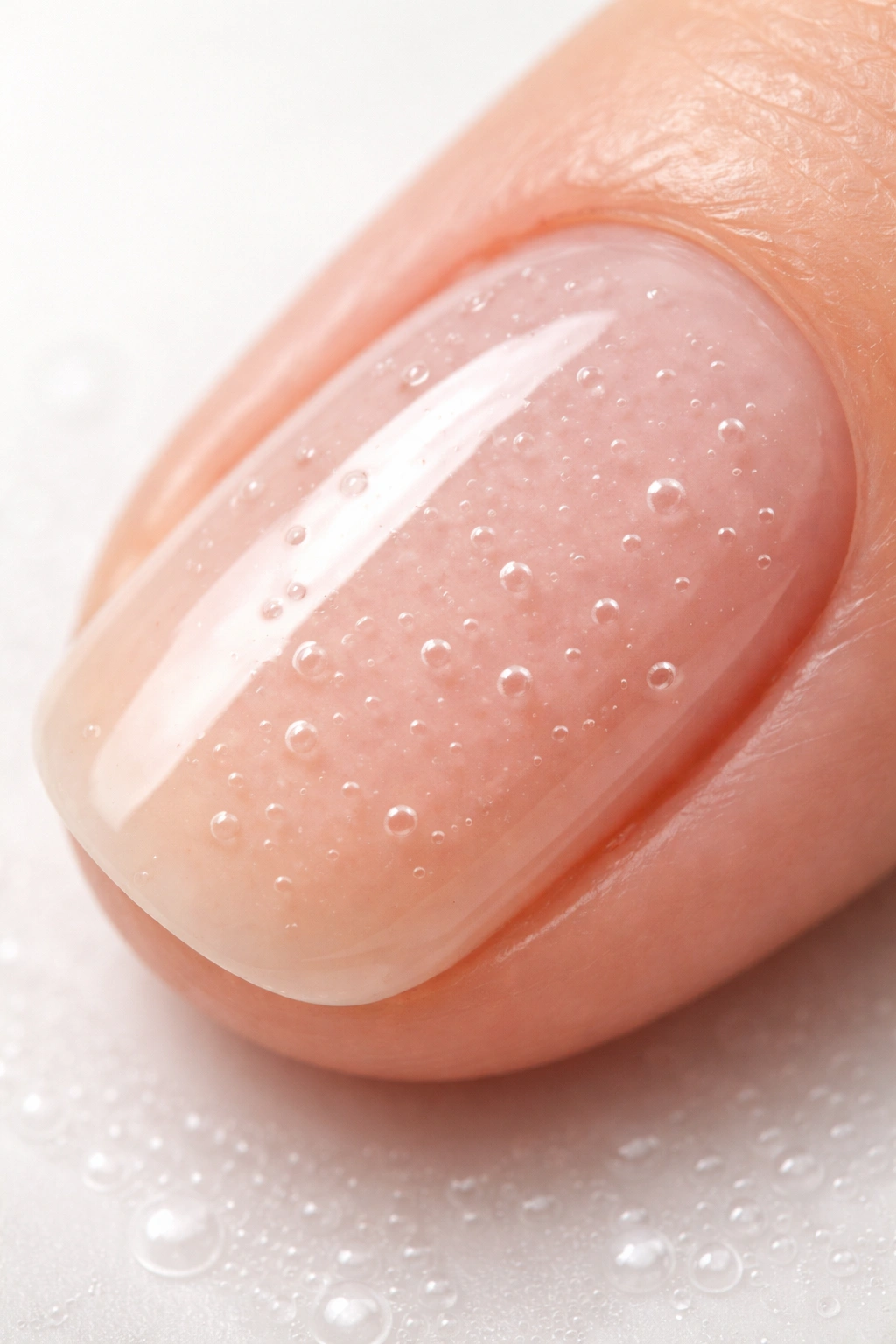 Macro close-up of a fingernail with bubbles under clear polish