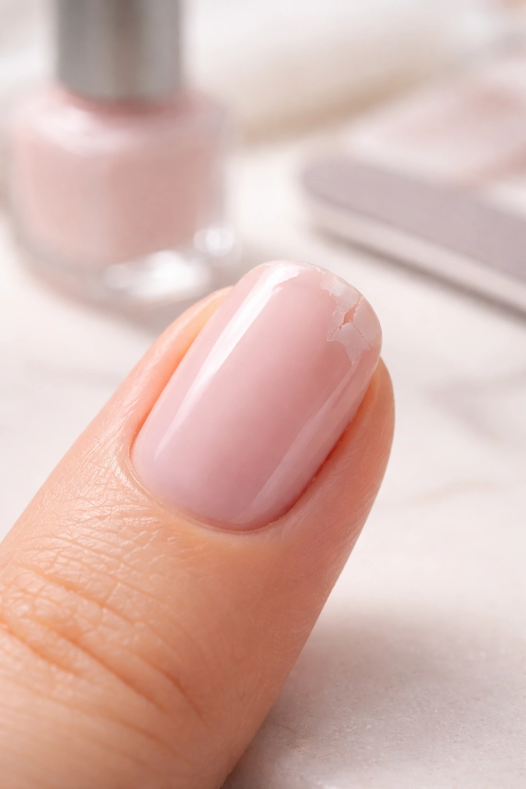 Close-up of a nail with a small chip in the polish