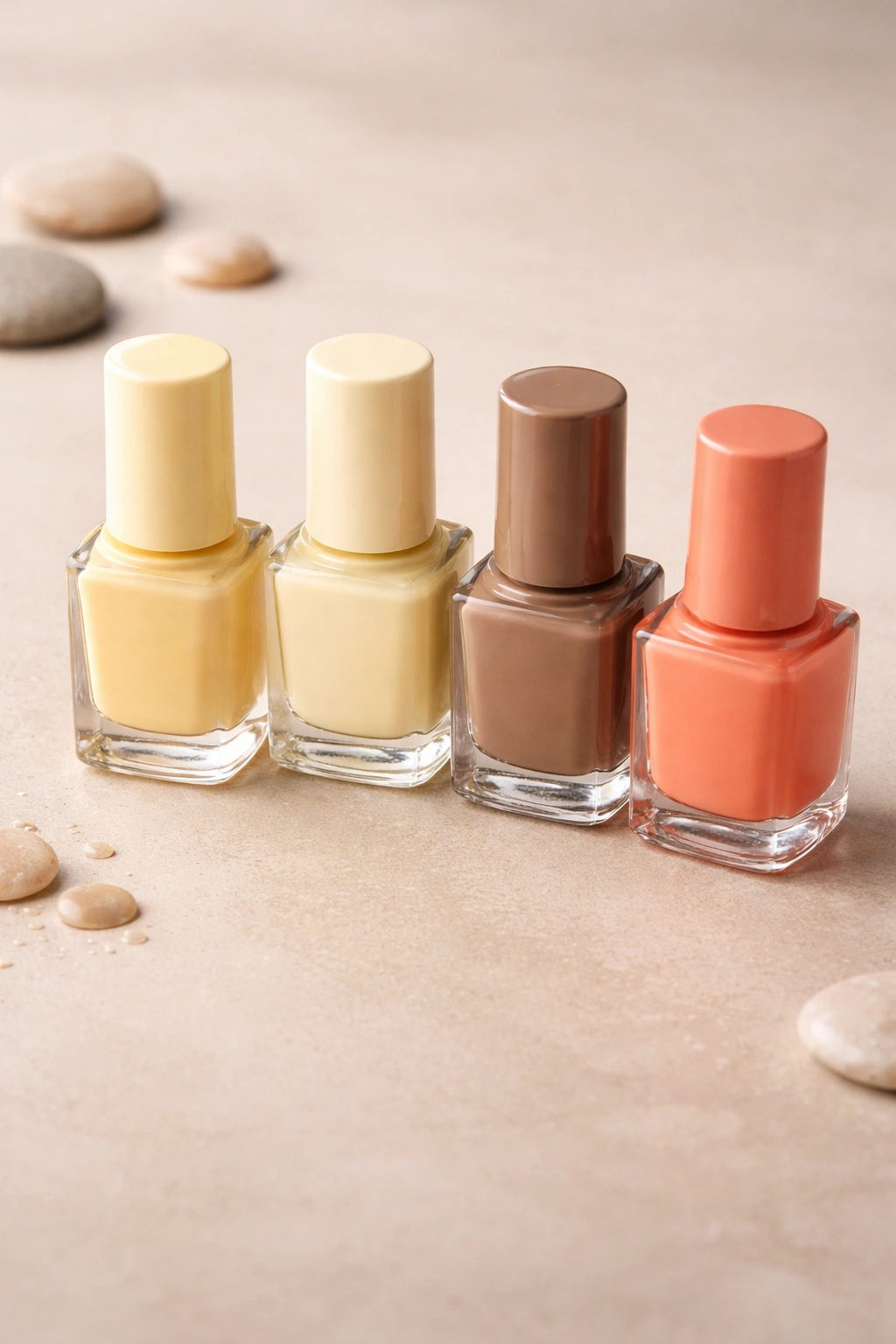 Close-up of nail polish bottles in soft yellow, pale lemon, brown, and coral tones on a neutral background