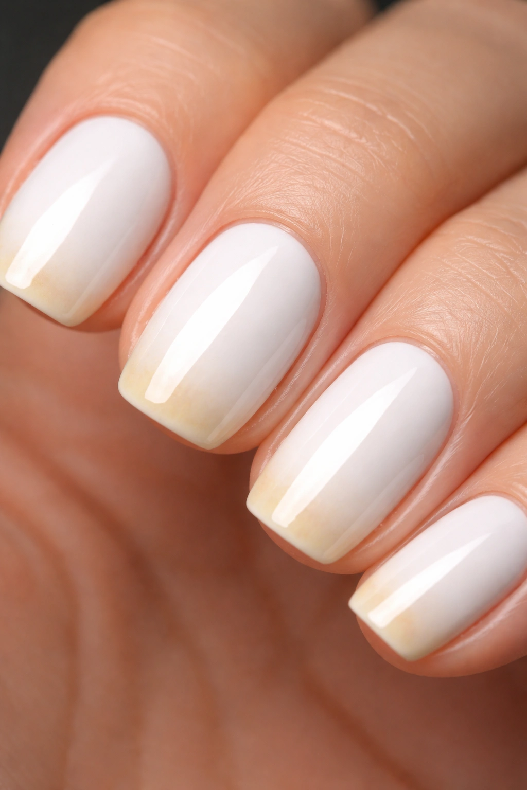 Nails with white polish showing yellowing near edges