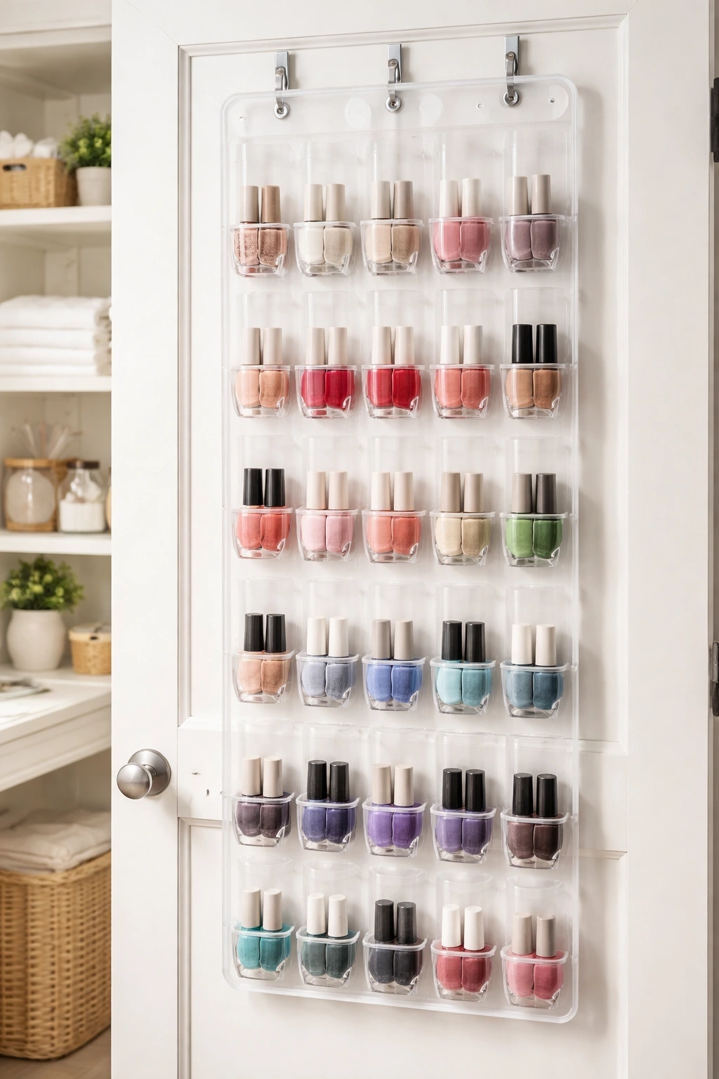 Clear over-the-door shoe organizer filled with nail polish bottles