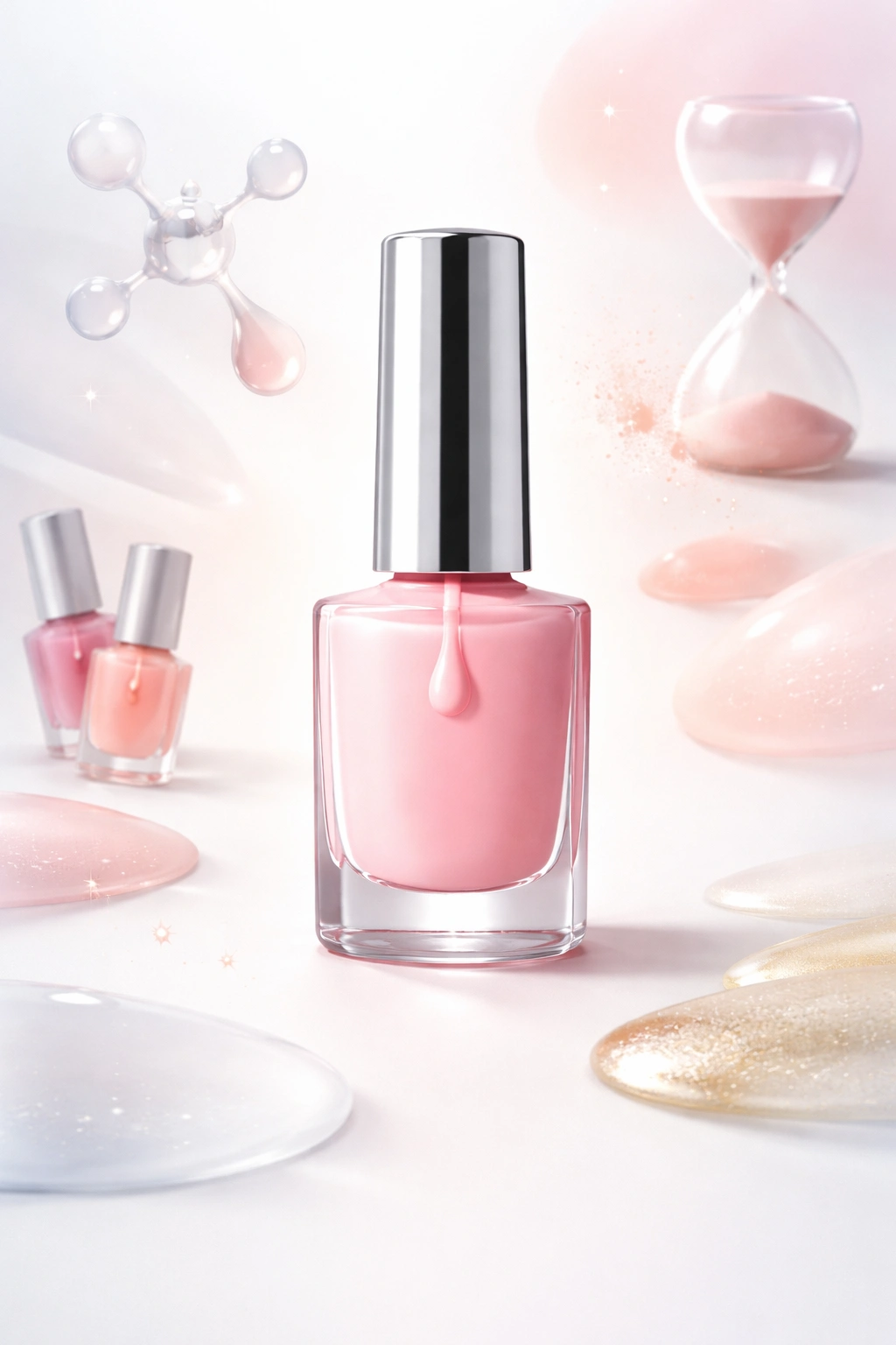 Nail polish bottle with abstract shapes around it representing factors affecting drying time