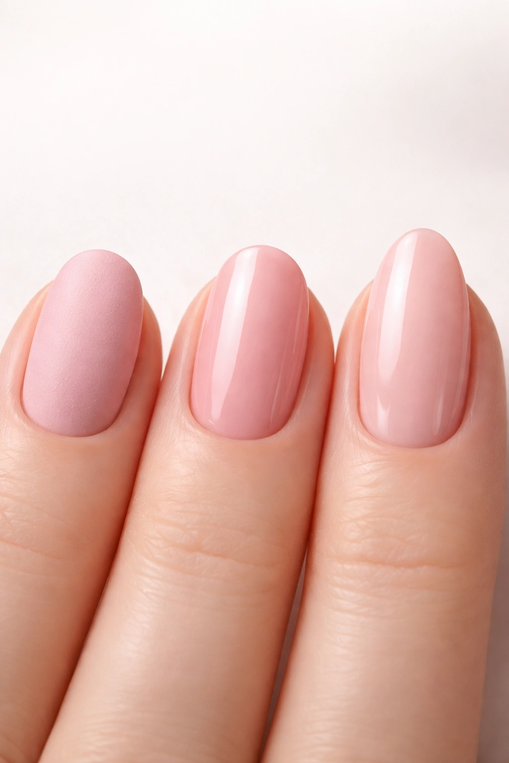 Close-up of three nails showing regular polish, gel, and press-on finishes on a neutral background