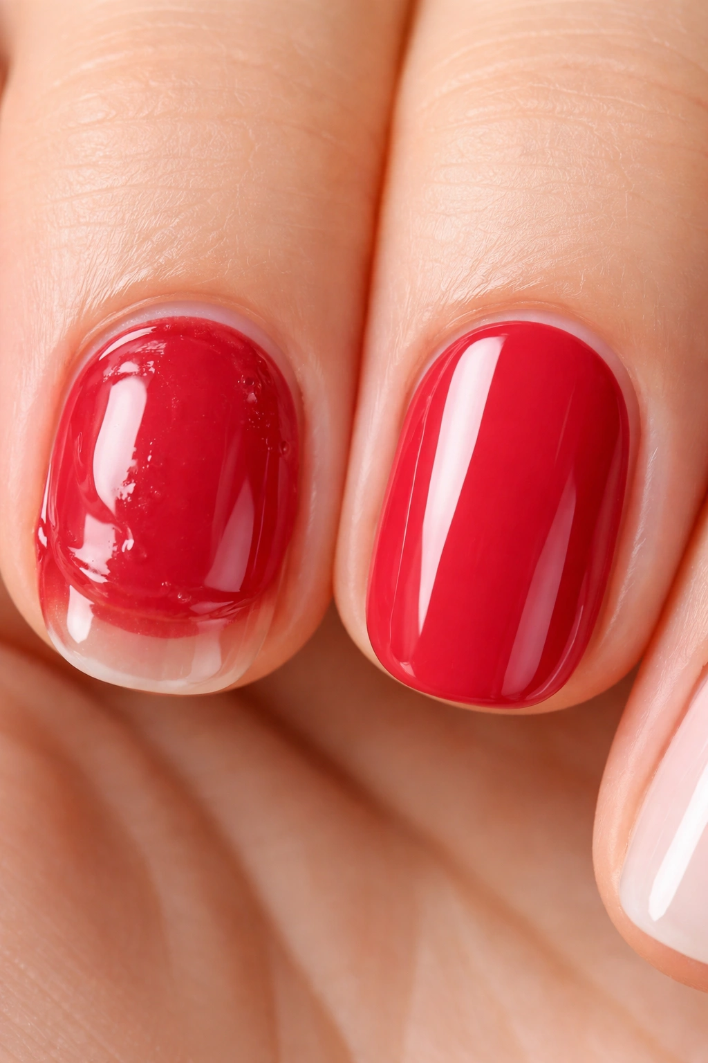 Hand showing thick uneven nail polish vs smooth coat to illustrate common drying mistakes