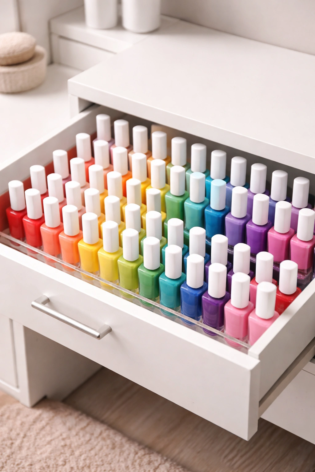 Neatly organized nail polish bottles upright in a color-graded row inside a slim drawer, clean and minimal.