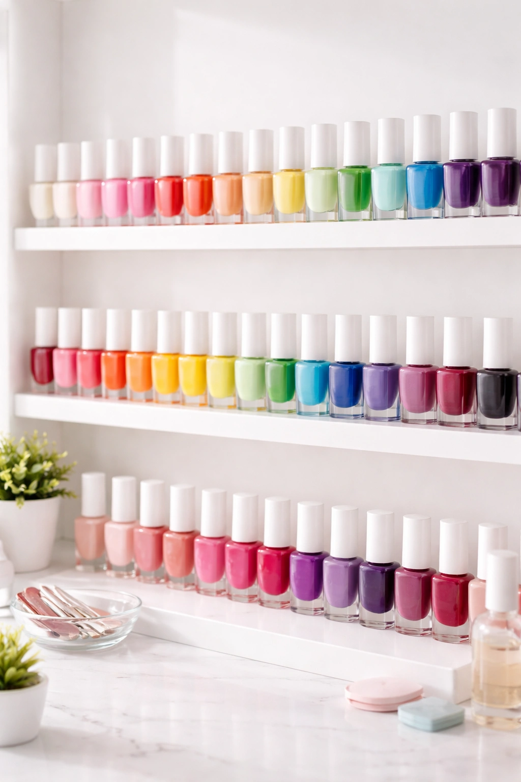 Pristine organized nail polish display arranged by color on a clean shelf