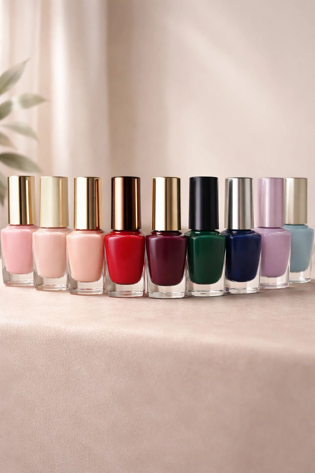 Nail polish bottles arranged in a spectrum from soft pinks to navy and emerald