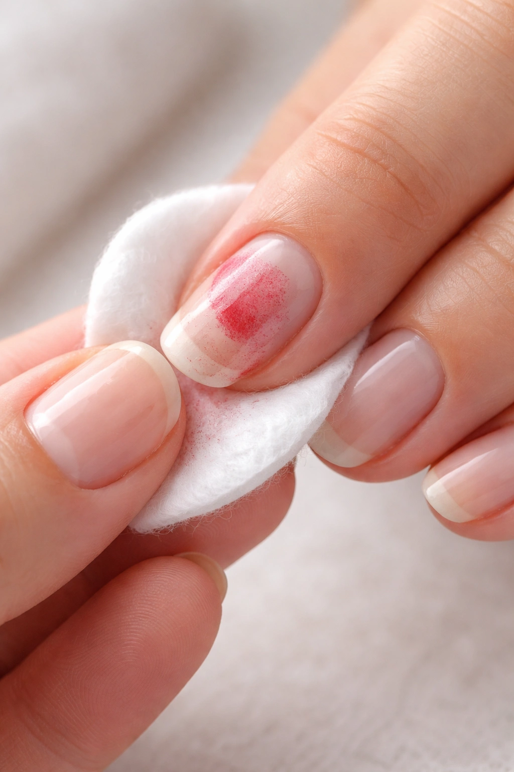 Close-up of hand removing old polish with cotton pad.