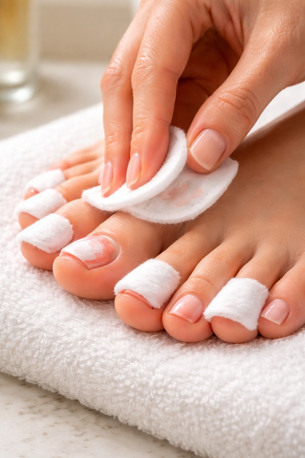 Toes with cotton pads removing existing nail polish