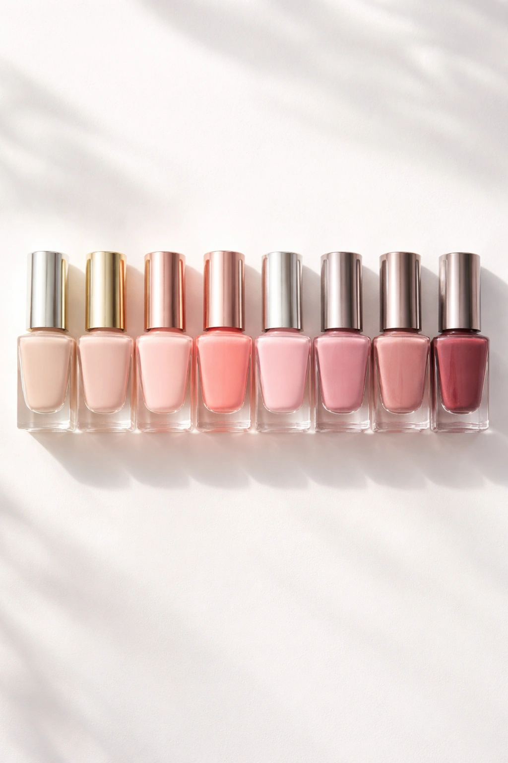 Row of nail polish bottles showing nude to berry shades