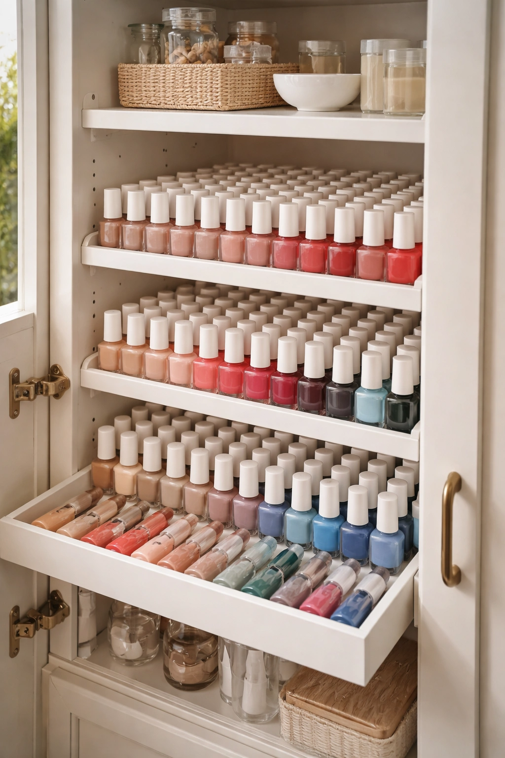 Nail polish bottles in cool storage cabinet away from sun