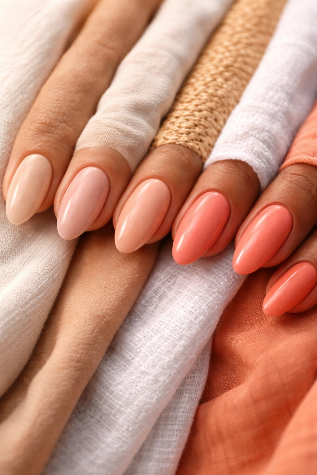 Close-up of nail polish swatches showing nude to coral shades for skin tone contrast