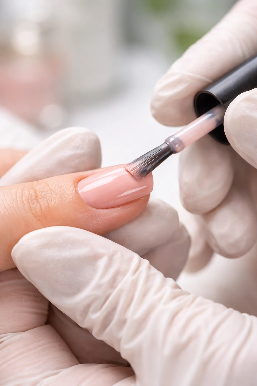 Close-up of a professional hand applying nail polish with smooth technique