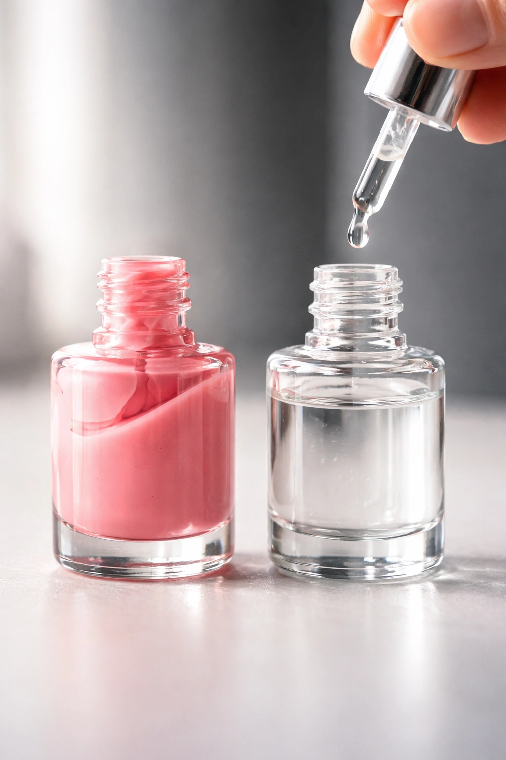 Two glass bottles showing thick polish and thinner solution for thinning polish