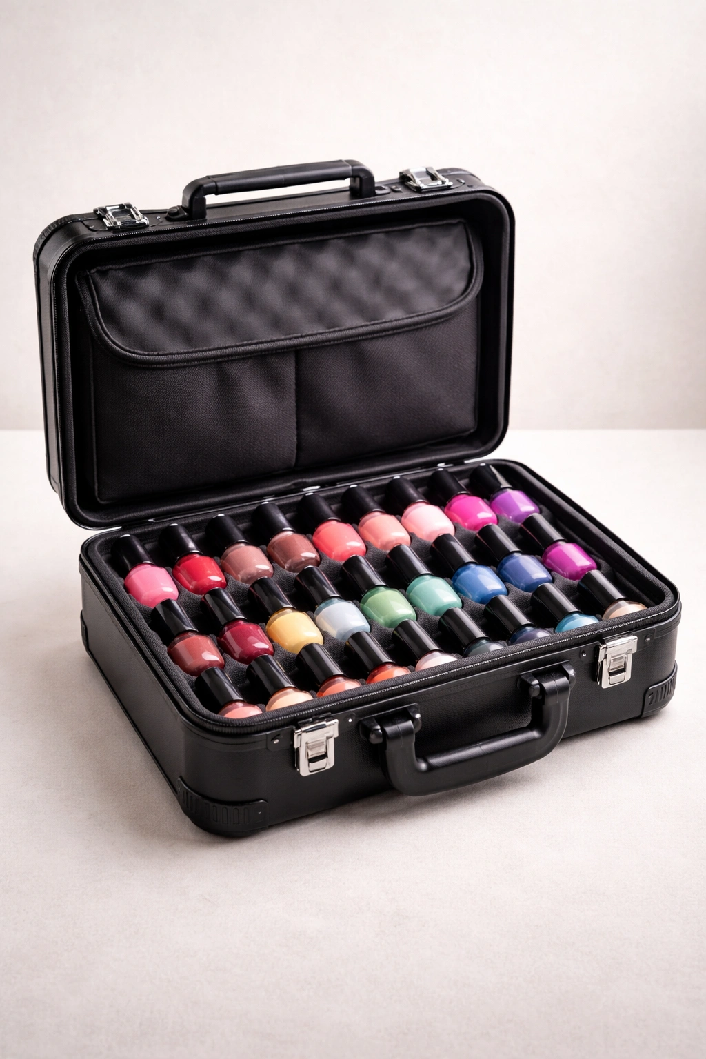 Hard-shell nail polish travel case with padded interior and secure closures